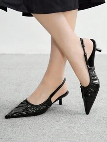 CUCCOO BIZCHIC 女士时尚尖头黑色超柔软 PU 皮革松紧带褶皱低鞋面细高跟凉鞋 - 黑色 - 查看 3