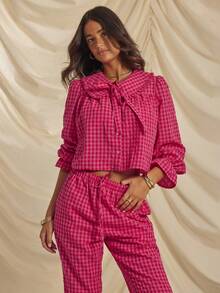 Aralina Sleepwear Christmas Thanksgiving Cosy 2pcs Plain Print Gingham Collared Tie Front Long Sleeve Button Down Shirt And Wide Leg Pant Sleep Pajama Set With Ruffle Detail, Cute Christmas Pajama Set Fall Winter Clothes Chic Bow Pajama Set Festival Outfits - Multicolor - View 7