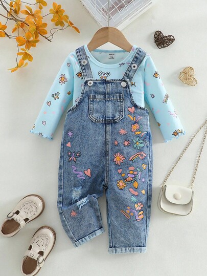 SHEIN Baby Girls' Butterfly & Ditsy Floral T-Shirt And Denim Bib Pants Set, Casual Fashionable Outfit For Autumn/Winter