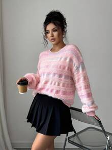 SHEIN Elenzya Suéter casual de mujer con rayas y piel sintética, otoño/invierno - Rosa - Ver 6