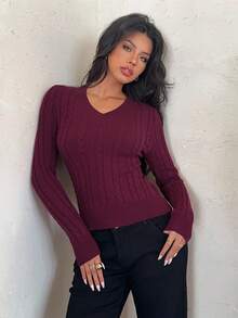 Aloruh Purple New Vintage Eggplant Purple & Green V-Neck Pullover Sweater, Comfortable & Versatile Long Sleeve Knit Top Autumn Winter For Women Fashion Holiday For Women Vacation Women Summer Spring Street Chic - Red Violet - View 2