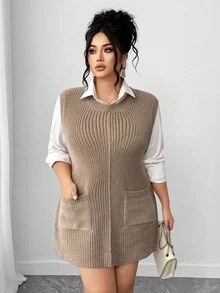 Elenzga Plus Size Women Loose Knit Crew Neck Casual Sleeveless Sweater Vest With Large Pockets, Solid Color, Autumn/Winter - Khaki - View 7