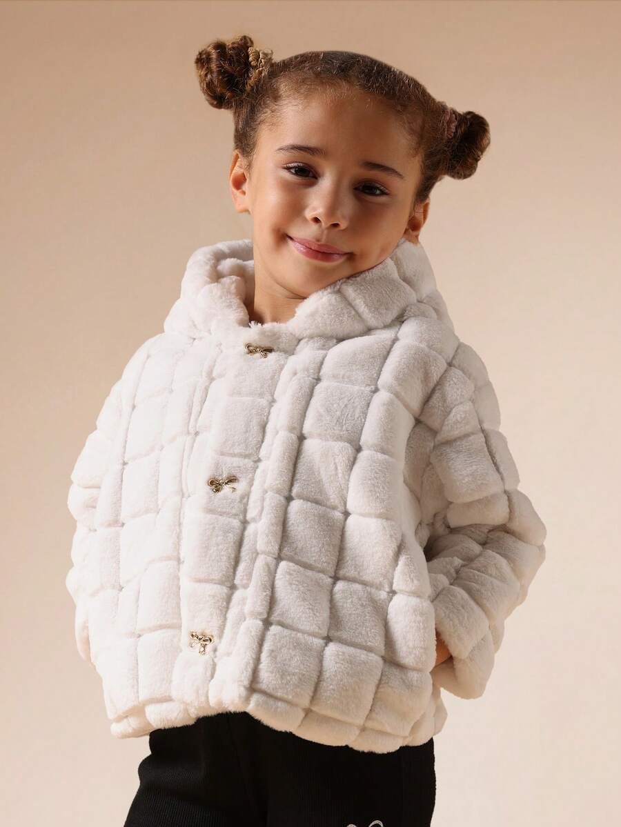 SUMWON Toddler Girls Winter Fur Coat Hooded Quilted Jacket Warm Outerwear With Bow Button Details Puffy Style Holiday Fashion - White - View 1