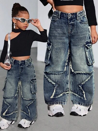 SHEIN 年轻女孩Y2K拼布星星复古蓝色宽松牛仔长裤，女孩新年多口袋街头酷牛仔裤