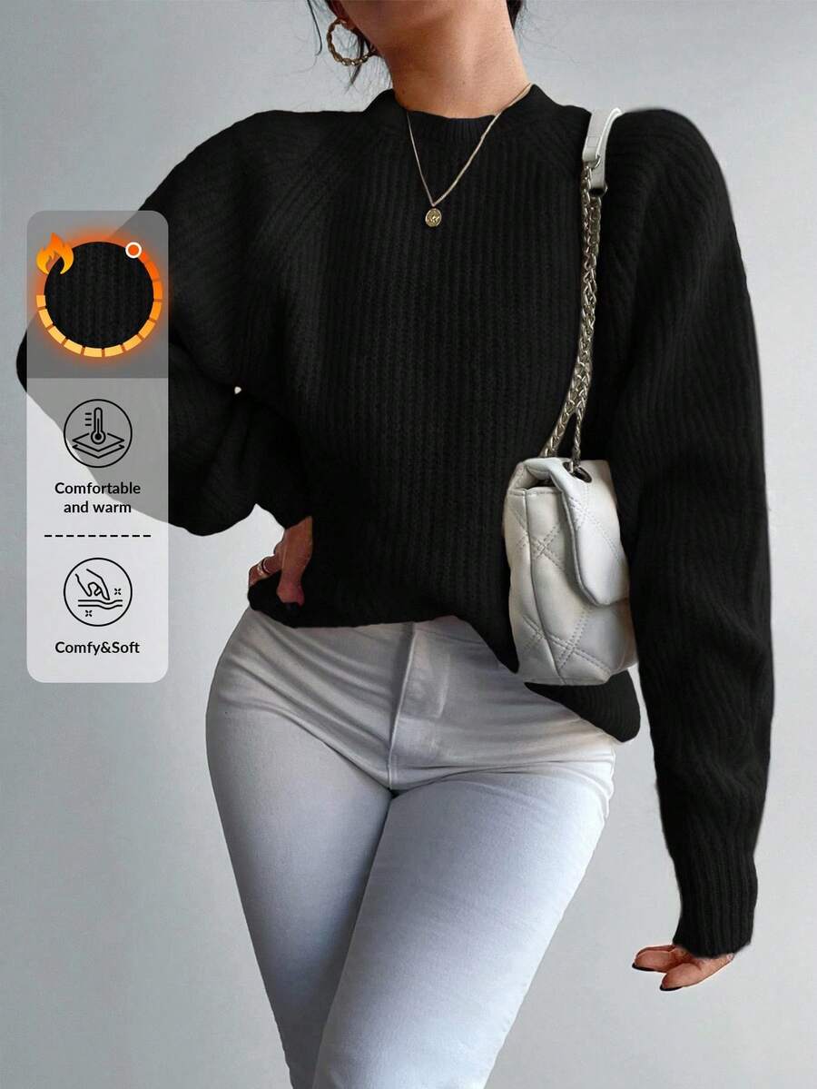 EURMUSE Jersey unicolor tejido de canalé de manga murciélago - Negro - Ver 1