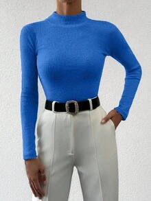EURMUSE Women's Casual Minimalist Basic Solid Color Mock Neck Sweater Office Royal Blue Autumn - Blue - View 5