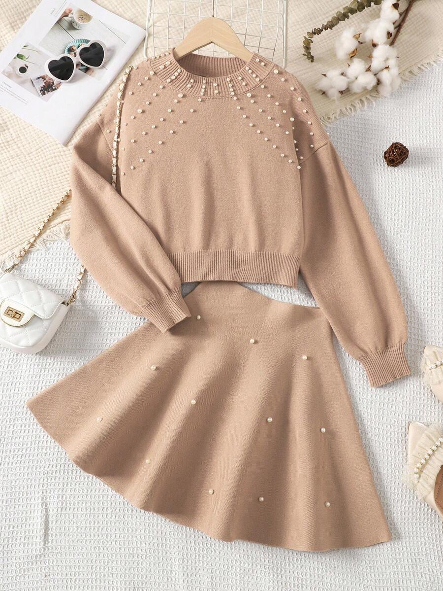 SHEIN Tween Girl Beaded Loose Long Sleeve Turtleneck Sweater & Ruffle Hem Elegant A-Line Skirt Set Autumn Winter Clothes For Women - Khaki - View 1