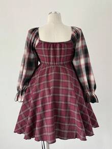 Sunspun Plaid Patchwork Bow Tie Waist Minimalist Long Sleeve Dress - Burgundy - View 2