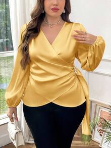 SHEIN Privé Plus Size Women Elegant Solid V-Neck Asymmetrical Pleated Faux Pearl Beaded Ruffle Hem Long Sleeve Blouse, Versatile For Work And Casual Wear, Spring/Autumn