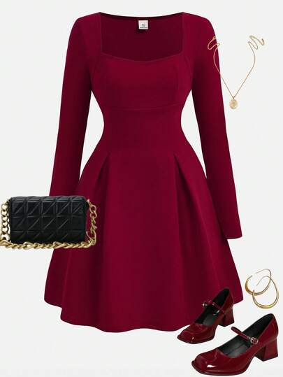 Girlism 优雅休闲方领收腰长裙，适合少女穿着，适合秋冬季、派对、郊游