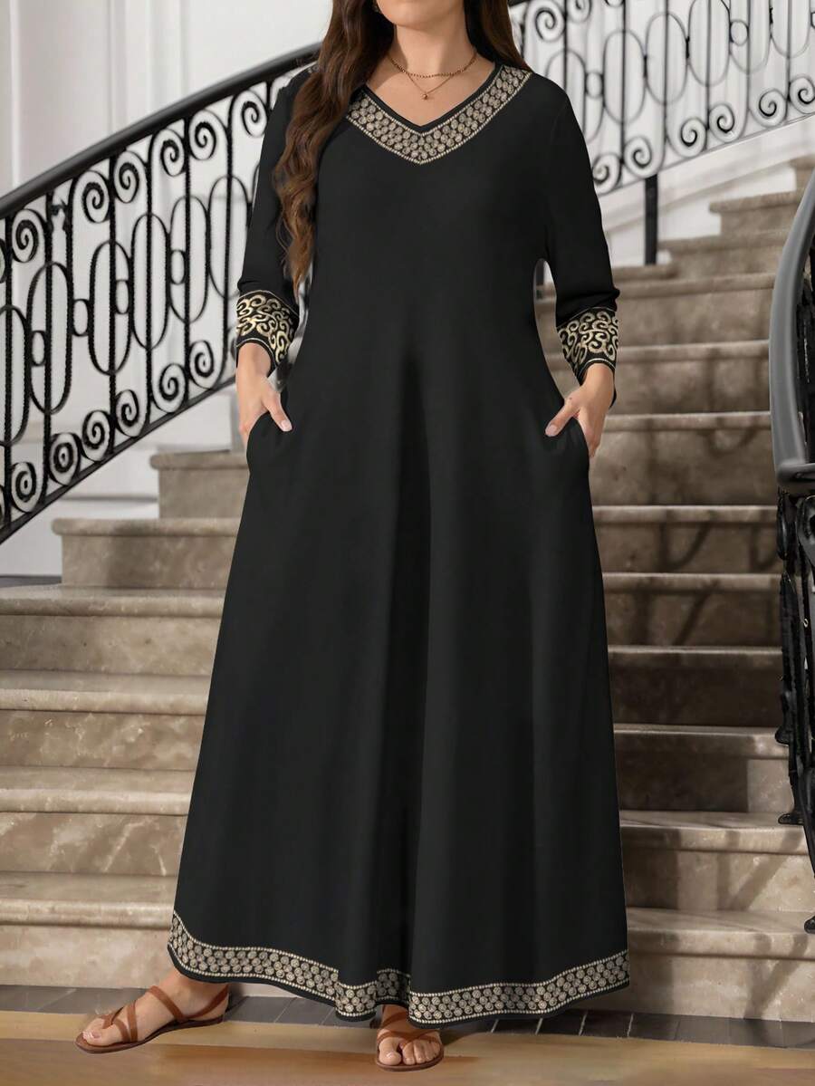 Lacomfia 大码女式花卉印花黑色休闲圆领长袖口袋长裙，时尚优雅 - 彩色 - 查看 1