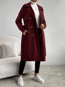 SHEIN Essnce 纯色口袋双排扣系带优雅长袖风衣 - 酒紅色 - 查看 5