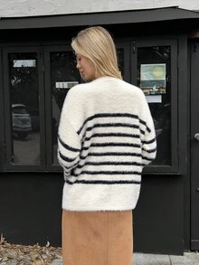 Elyressa Sweater Rajut Longgar Bermotif Garis-garis untuk Wanita, Model Bahu Jatuh, Kasual untuk Perjalanan Sehari-hari, Musim Gugur/Dingin - Aprikot - View 2