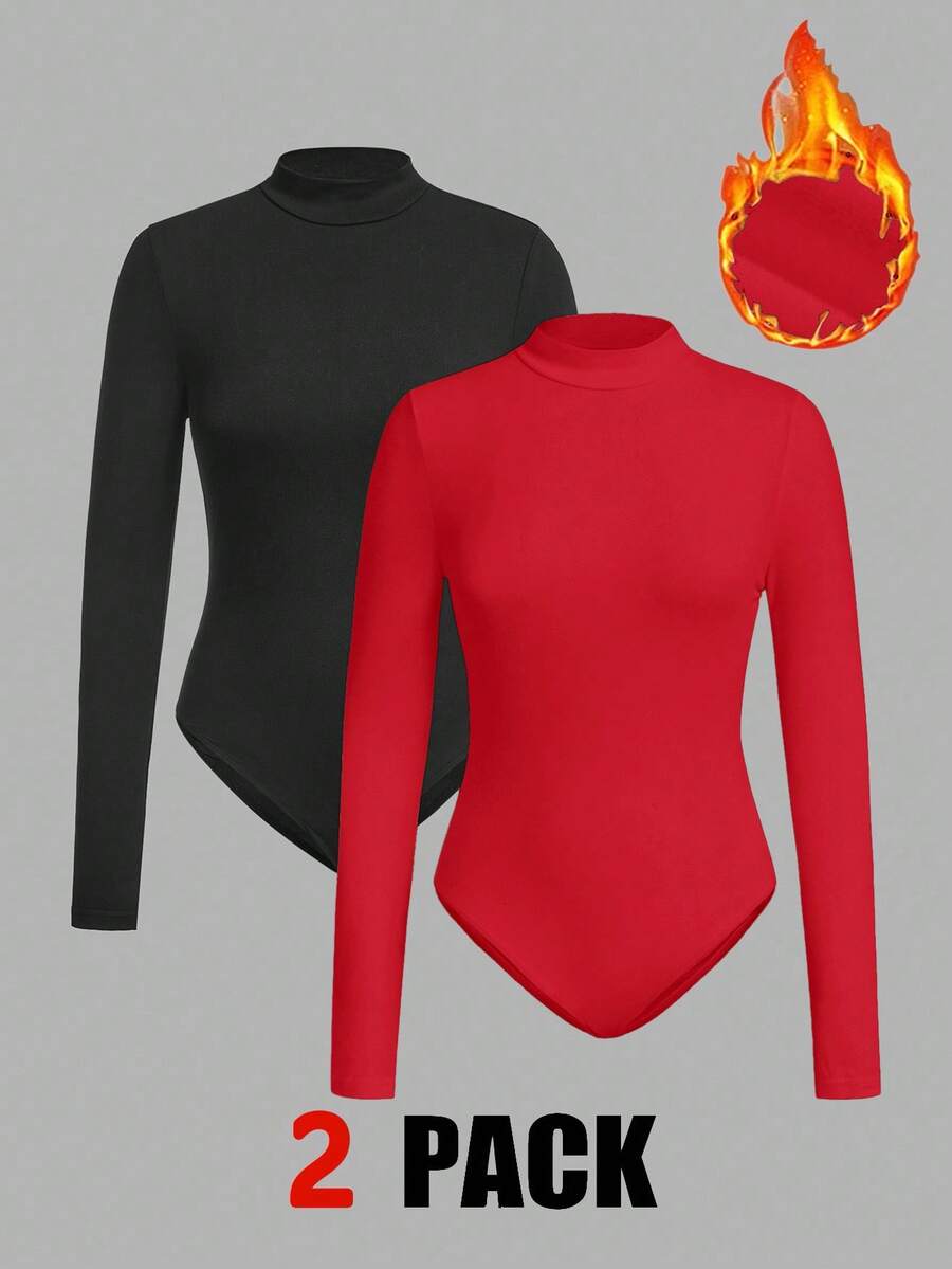 SHEIN EZwear 女士休闲纯色长袖针织保暖紧身衣 - 紅色 - 查看 1