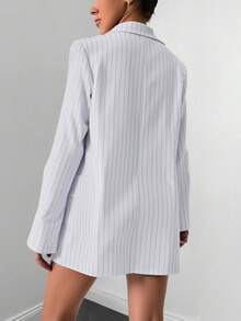 EURMUSE 女式条纹翻领长袖休闲西装外套 - 白色 - 查看 2