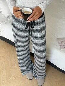 Aloruh Women's Vintage Striped Knit Low Waist Wide Leg Pants, Autumn/Winter - Black and White - View 6