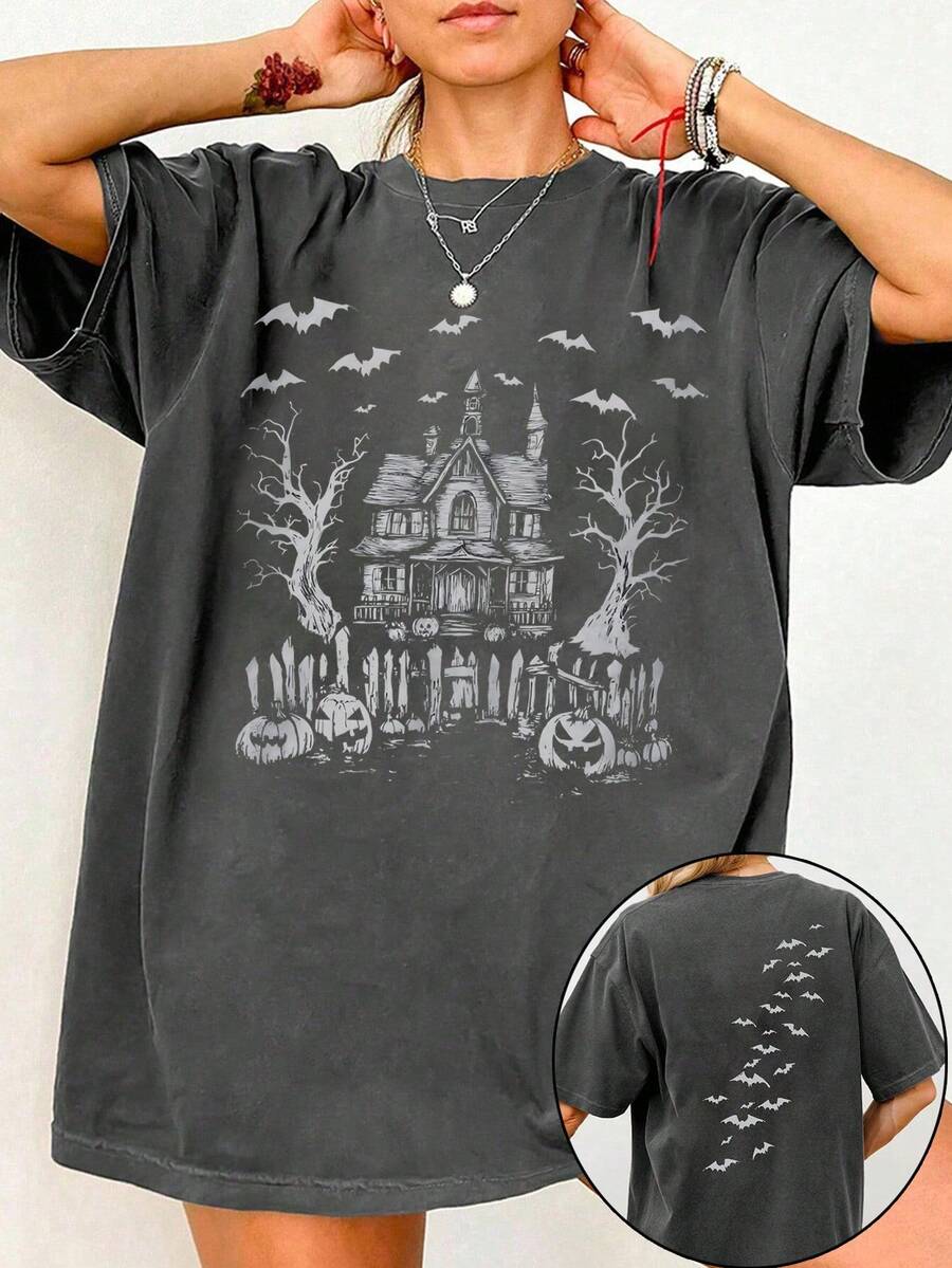 EMERY ROSE 女式圆领短袖T恤，带有鬼屋和蝙蝠印花，万圣节T恤，适合春夏季