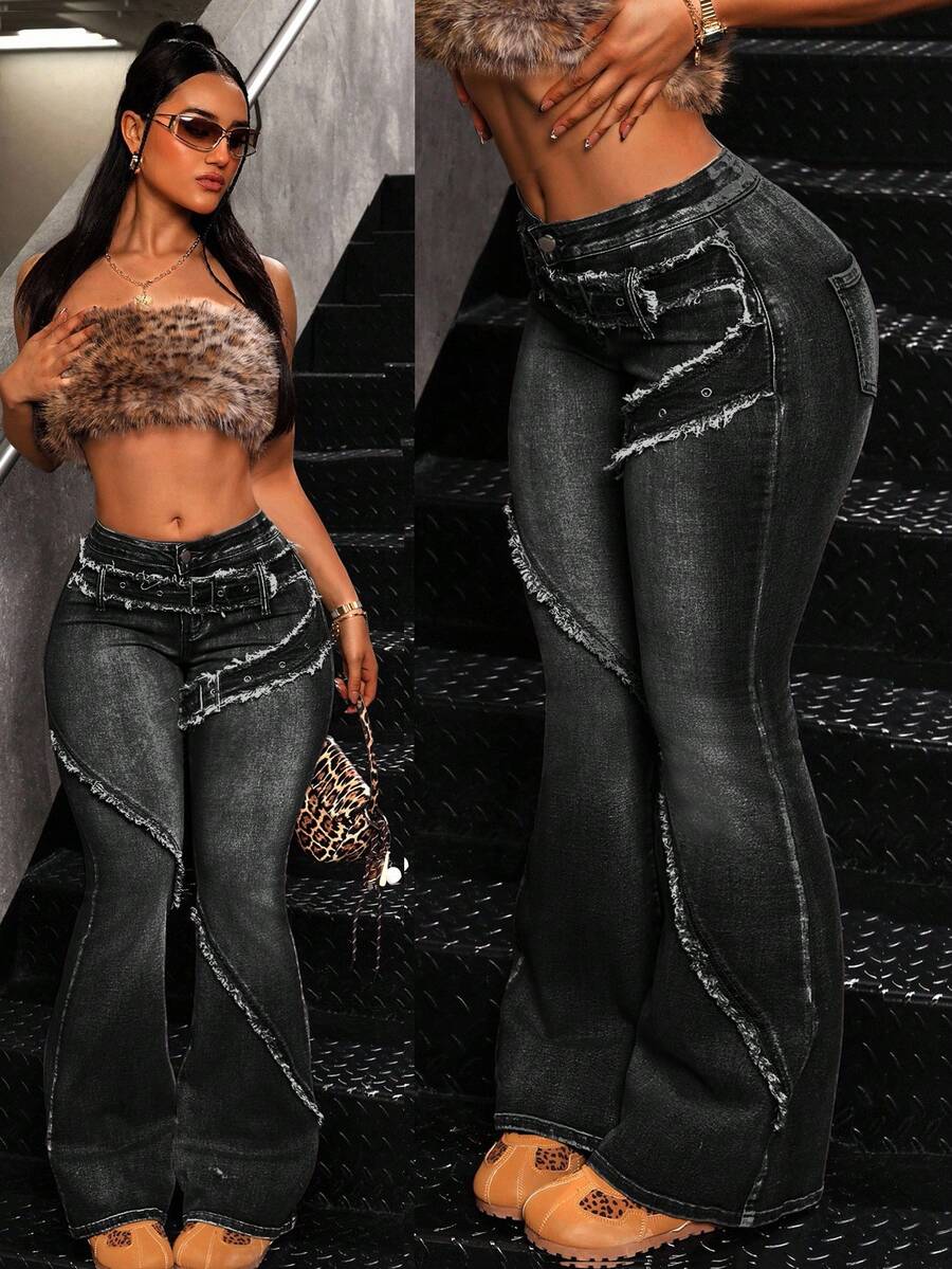 SHEIN ICON Quần jeans ống loe ôm cổ điển, giặt thường ngày dành cho nữ - màu đen - Xem 1