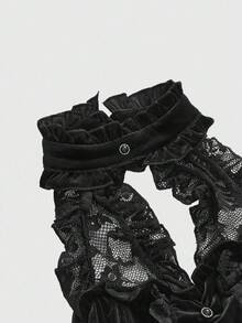 ROMWE Fairycore Spring/Summer Goth Elegant Stand Collar Velvet & Lace Patchwork Tie-Up Waist Women Camisole - Black - View 2