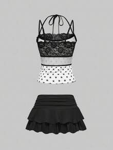 ROMWE Avant Bộ 2 món Y2K Retro Diva Music Note & Star Rhinestone Print Ren Camisole & Mini Skirt dành cho nữ, Thu/Đông - màu đen - Xem 2
