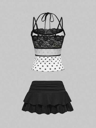 ROMWE Avant Ensemble 2 pièces de débardeur en dentelle avec imprimé de notes de musique et d'étoiles strass et mini-jupe pour femmes, style Y2K rétro, pour l'automne/hiver