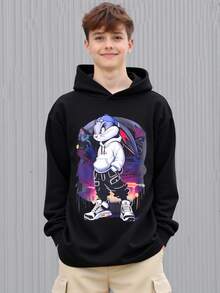 SHEIN 青少年男童黑色卫衣，卡通兔子印花，休闲舒适，时尚百搭，面料柔软，适合日常穿着、上学、郊游、户外活动、秋冬季节穿着，也适合派对等场合。图案卫衣，男童动漫服装，男童动漫卫衣，男童图案卫衣，运动套装，慢跑服，圣诞节服装 - 黑色 - 查看 2