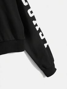 SHEIN EZwear Women's Black East Coast Graphic Cropped Drawstring Hoodie,Fall - Black - View 4