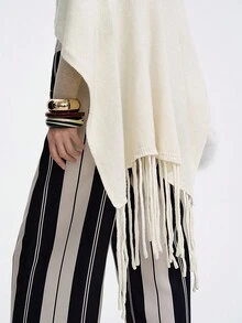 SHEIN LUNE 女士优雅纯色斗篷，宽松不对称下摆流苏针织毛衣，秋冬 - 杏色 - 查看 5