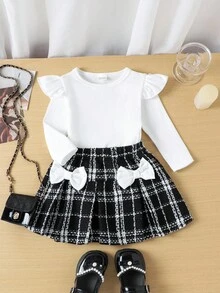 SHEIN Playful Pals Baby Mädchen gestricktes Top mit Rüschenärmeln und Rundhalsausschnitt und elegantes Rockteil Set, Herbst/Winter Baby Mädchen karierter Rock, Baby Mädchen süßer Rock, Kleinkind karierter Rock, Baby Mädchen Rockteil Set, Baby Mädchen Spitze Schleife Rock