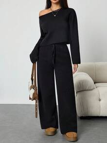 Flirla Set de 2 piezas de top holgado y pantalones de pierna ancha asimétricos de hombro sexy de estilo casual para otoño/invierno - Negro - Ver 1