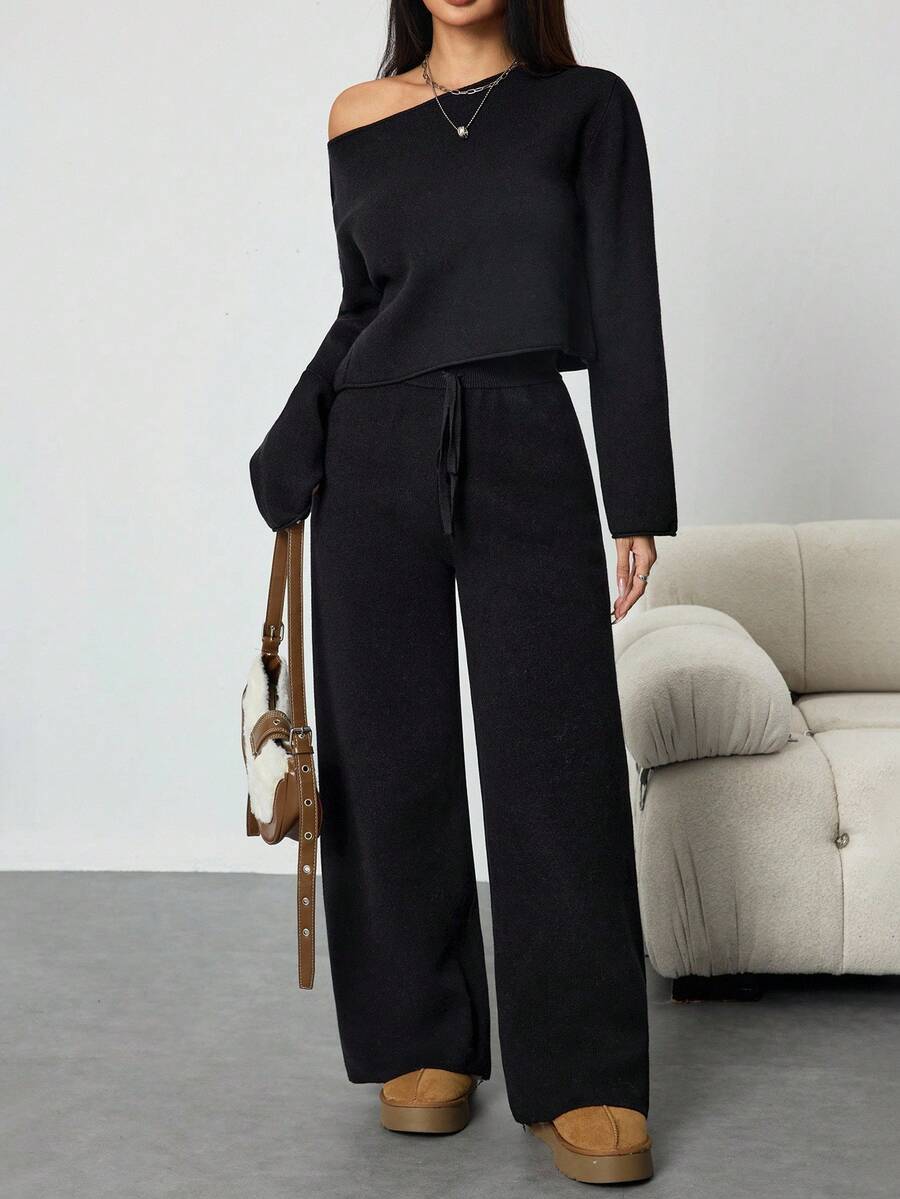 Flirla Set de 2 piezas de top holgado y pantalones de pierna ancha asimétricos de hombro sexy de estilo casual para otoño/invierno - Negro - Ver 1