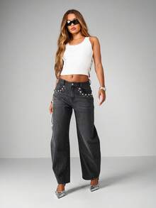 MISSGUIDED Quần jean ống rộng cạp cao đính đinh tán kim loại màu bạc, túi hộp, cắt thùng, quần denim thu đông - màu đen - Xem 3
