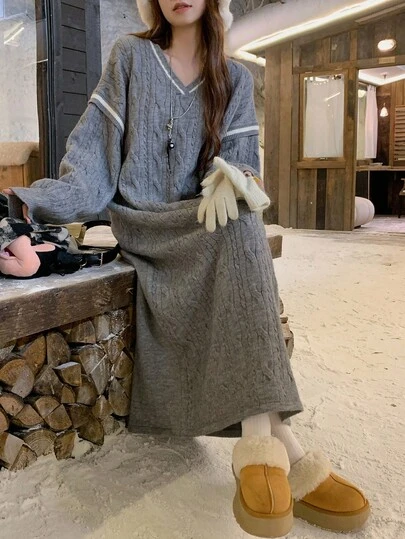 DAZY 女式V领撞色韩版毛衣裙