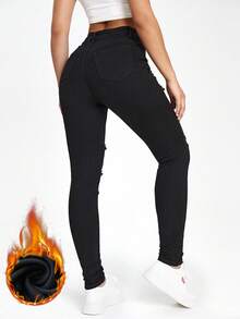 SHEIN EZwear Black Slant Pocket Ripped Skinny Jeans - Black - View 2