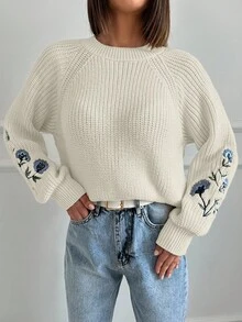 EURMUSE Women's Flower Embroidered Raglan Sleeve Sweater - Apricot - View 4