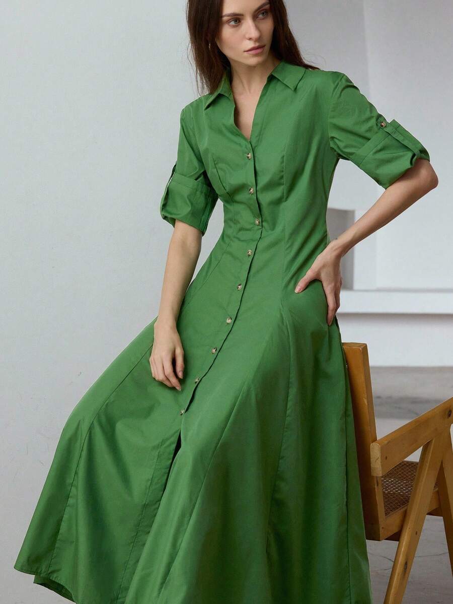 Aveloria Modichic Váy midi xòe một hàng khuy, chất lượng cao, có cổ, thắt eo - màu xanh lá - Xem 1