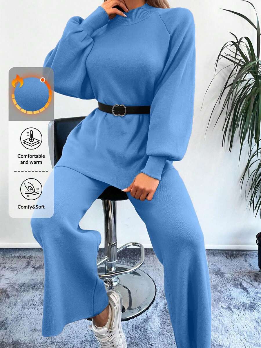 EURMUSE 2Pcs/Set Solid Color Stand Collar Long Sleeve Sweater Top And Pants Set,Petite,Winter Clothes - Blue - View 1
