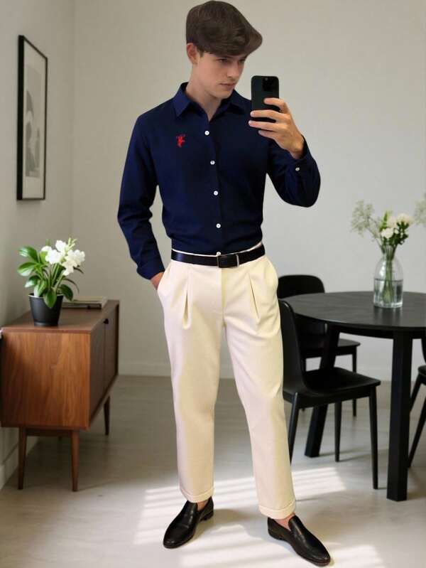 SHEIN 2pcs/Set Teen Boy Gentleman Outfit, Navy Blue Versatile Stylish Long Sleeve Shirt + Khaki Long Pants, Gentleman Suit Set, Business Elegant School Academy Personalized Outfit, Birthday Party Daily Casual Outerwear, Elegant Minimalist Back To School Season Fall Winter