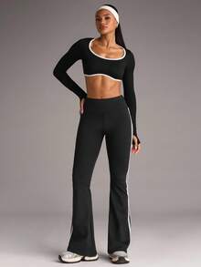 SHEIN BAE Women's Side Striped Casual Flared Sports Pants - Black - View 6