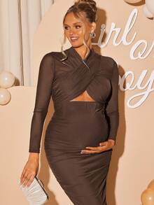 Loomaby Elegantes, einfarbiges, ausgehöhltes, gerüschtes, tailliertes Umstandskleid für die Party, Kleid zur Enthüllung des Geschlechts, Umstandskleid für Babyparty