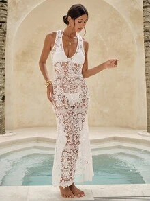 Swim Chiccia Vestido longo feminino estilo boho, de crochê, com decote em V, costas nuas, elegante e sexy, branco - Branco - Ver 6
