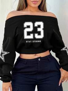 SHEIN SXY Black Casual Off-Shoulder Long Sleeve Pentagram Graphic Cropped Sweatshirt For Women, Suitable For Fall/Winter