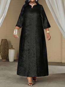 SHEIN Lady 秋冬生日派对礼服加大码V领短袖简约亮面开叉长款休闲连衣裙女士派对礼服金色礼服婚礼宾客礼服女士教堂礼服女士优雅服装 - 黑色 - 查看 5