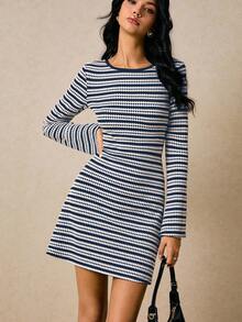 Poéselle Women's Striped Round Neck Long Sleeve Casual Mini Dress,Dresses For Women Elegant - Navy Blue - View 3