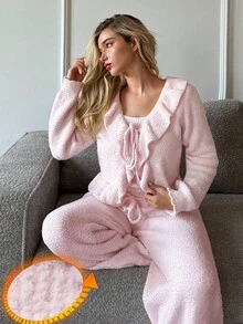DAZY 3件套女士休闲针织长袖外套、无袖背心和裤子睡衣套装，秋冬季舒适保暖套装，秋季服装 - 淺粉色 - 查看 3