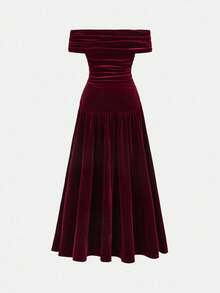 Elegant Burgundy Velvet Patchwork Ruffle Hem Off Shoulder Dress, Party/Formal Gown For Teen Girls, Suitable For Christmas, Halloween, New Year Elegant Teen Dress Velvet Dress Evening Wear Teen - Burgundy - View 2