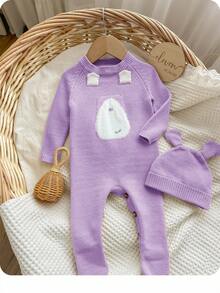 SHEIN Newborn Baby Girl Cute Cartoon Bear Romper With Hat, Autumn/Winter