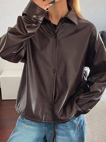 DAZY Women's Solid Color PU Jacket With Drawstring Hem And Plaid Patchwork, Casual Street Style For Autumn/Winter Women Coats - Brown - View 5