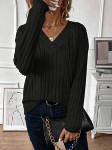 Calvaya 女式罗纹 V 领运动衫、长袖上衣 - 黑色 - 查看 5