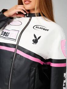 Missguided x Playboy Y2K Fashion Racing Moto Biker Jacket Retro 90s Street Style Oversized Racing Leather Color Block Outerwear Fall Winter Statement Piece - Multicolor - View 4
